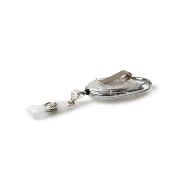 Picture of White translucent carabiner ID badge reel with belt clip and strap. 60270217