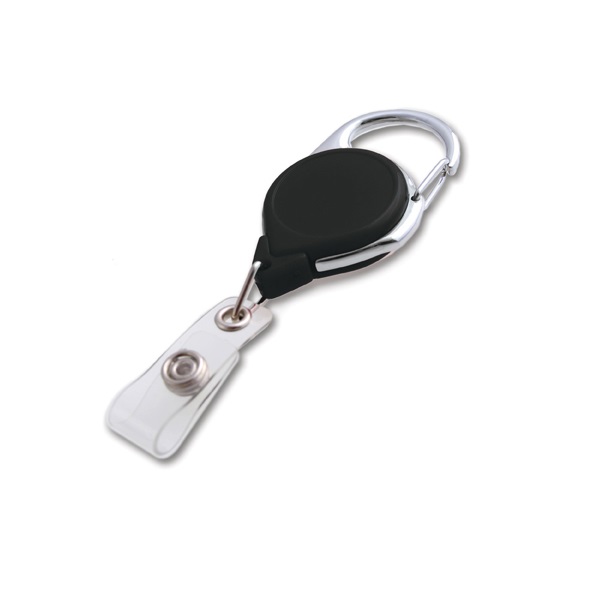 Picture of Black carabiner ID badge reel with strap. 60270170