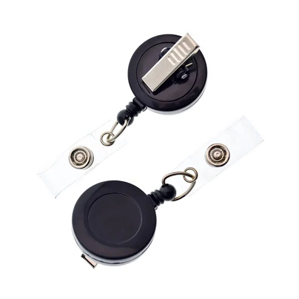 Picture of Black carabiner ID badge reel with spring belt clip rotatable/swivel(360°) and strap. 60270191