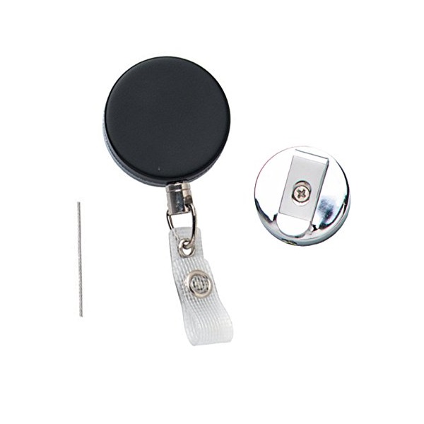 Picture of Black heavy duty ID badge reel with wire / steel cord / cable, belt clip and strap clip. 60270144