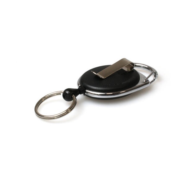Picture of Black solid carabiner ID badge reel with belt clip and key ring. 60270230
